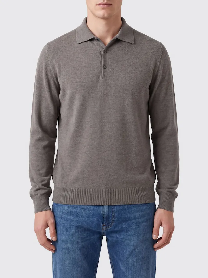 BRUNELLO CUCINELLI Pure Cashmere Long-Sleeved Polo with Ribbed Collar