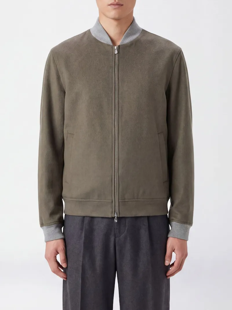 BRUNELLO CUCINELLI Pure Cashmere Bomber Jacket with Ribbed Collar