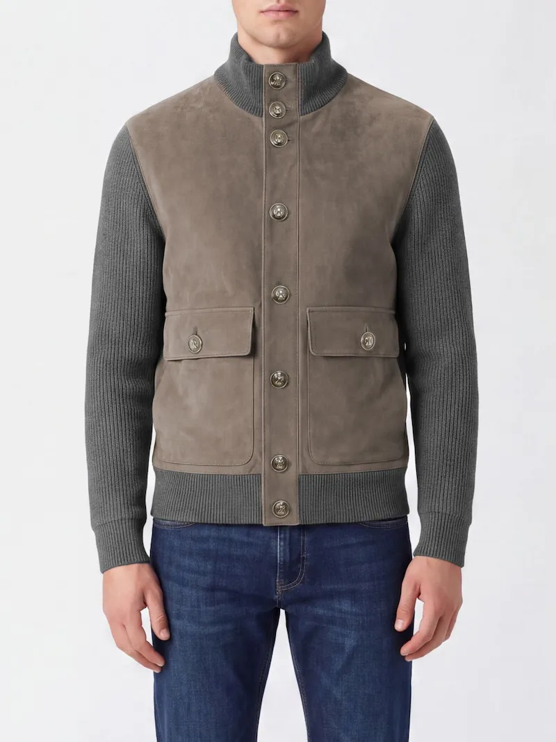 BRUNELLO CUCINELLI Suede Calfskin Bomber Jacket with Knit Details
