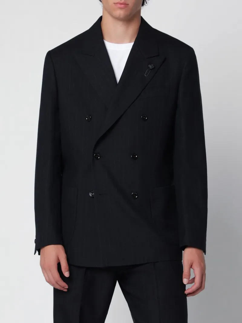 LARDINI Pinstripe Double-Breasted Virgin Wool Blazer with Peak Lapels