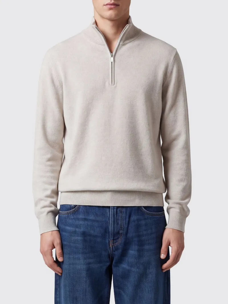 BRUNELLO CUCINELLI Pure Cashmere Half-Zip Turtleneck Jumper with Ribbed Trims