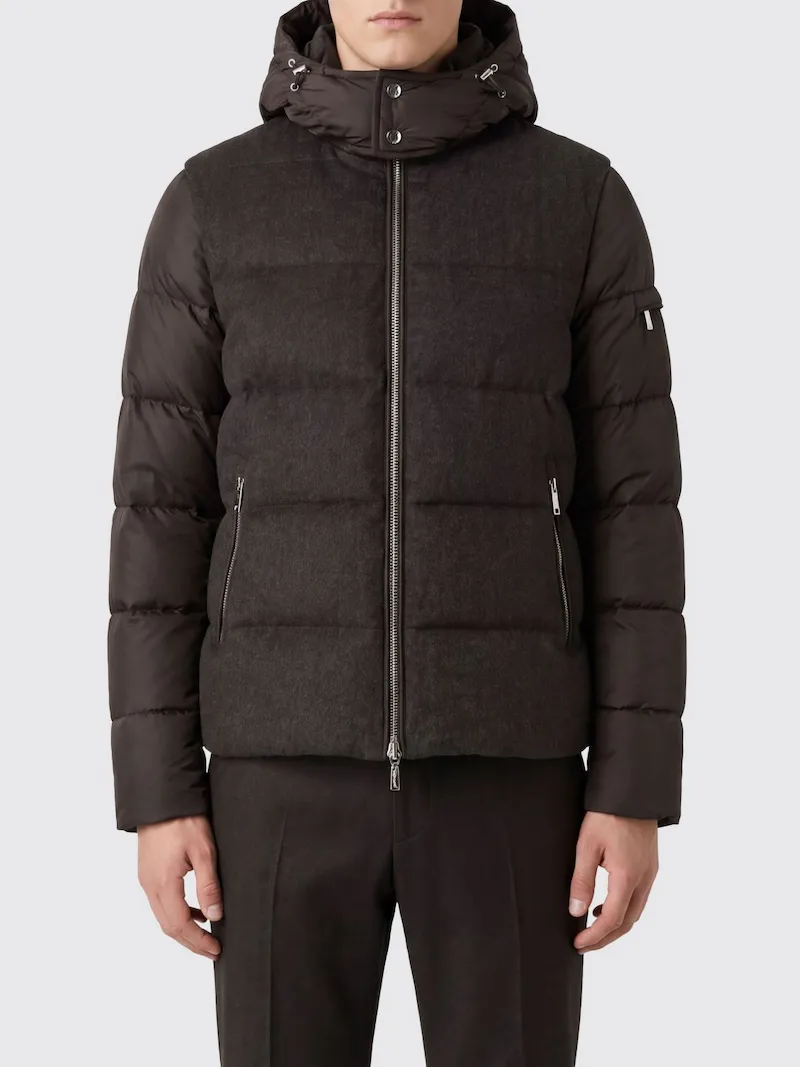 MOORER Short Hooded Down Jacket in Wool and Cashmere Blend