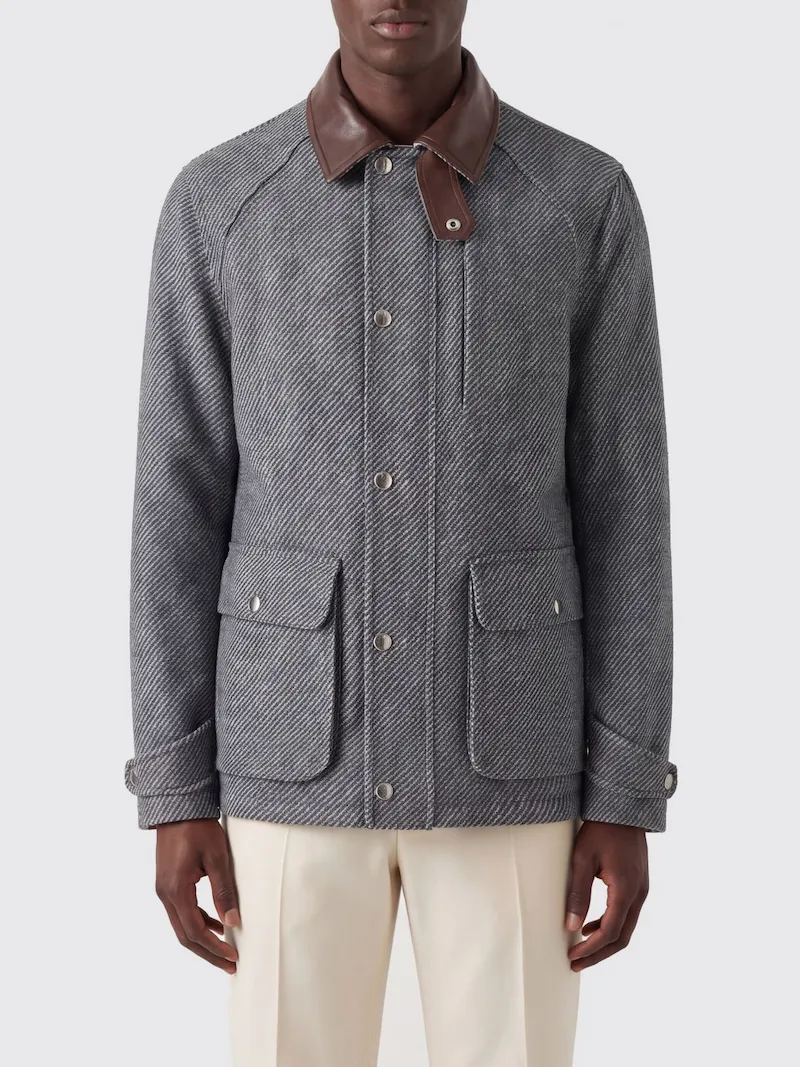 BRUNELLO CUCINELLI Striped Cashmere Single-Breasted Peacoat with Leather Collar