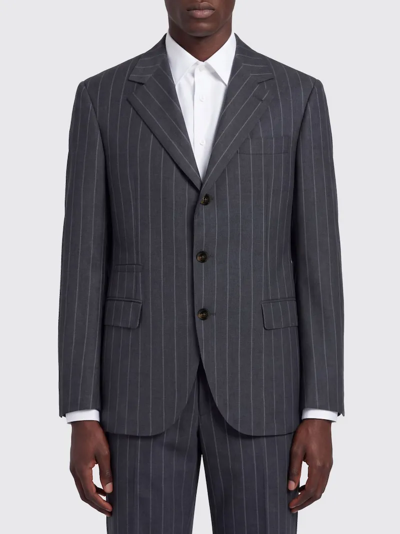 BRUNELLO CUCINELLI Pinstriped Single-Breasted Technical Fabric Blazer with Peak Lapels