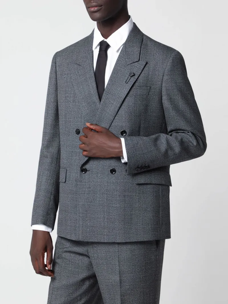 LARDINI Double-Breasted Virgin Wool Blazer with Tartan Pattern and Peak Lapels