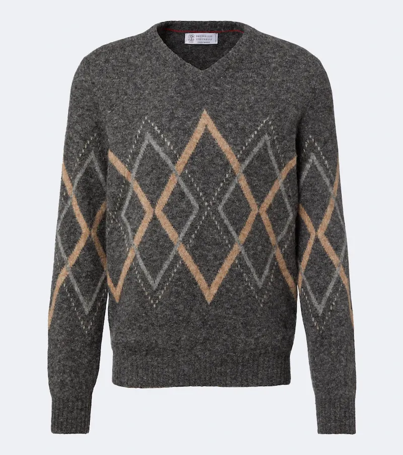 Brunello Cucinelli Argyle alpaca, cashmere, and wool-blend sweater