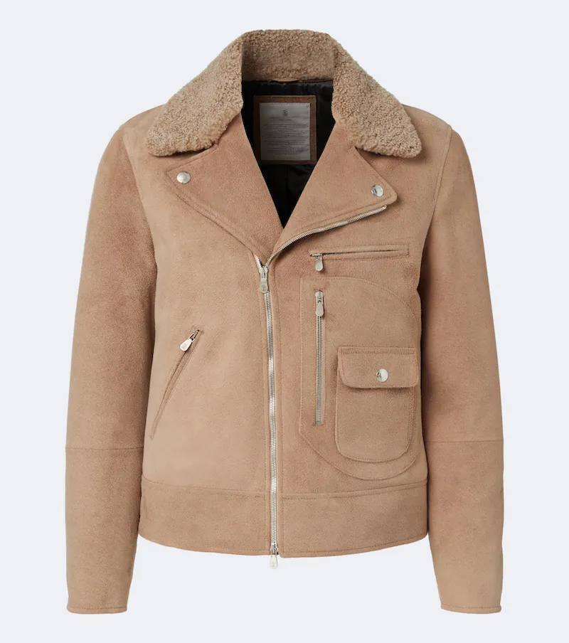 Brunello Cucinelli Shearling-trimmed suede biker