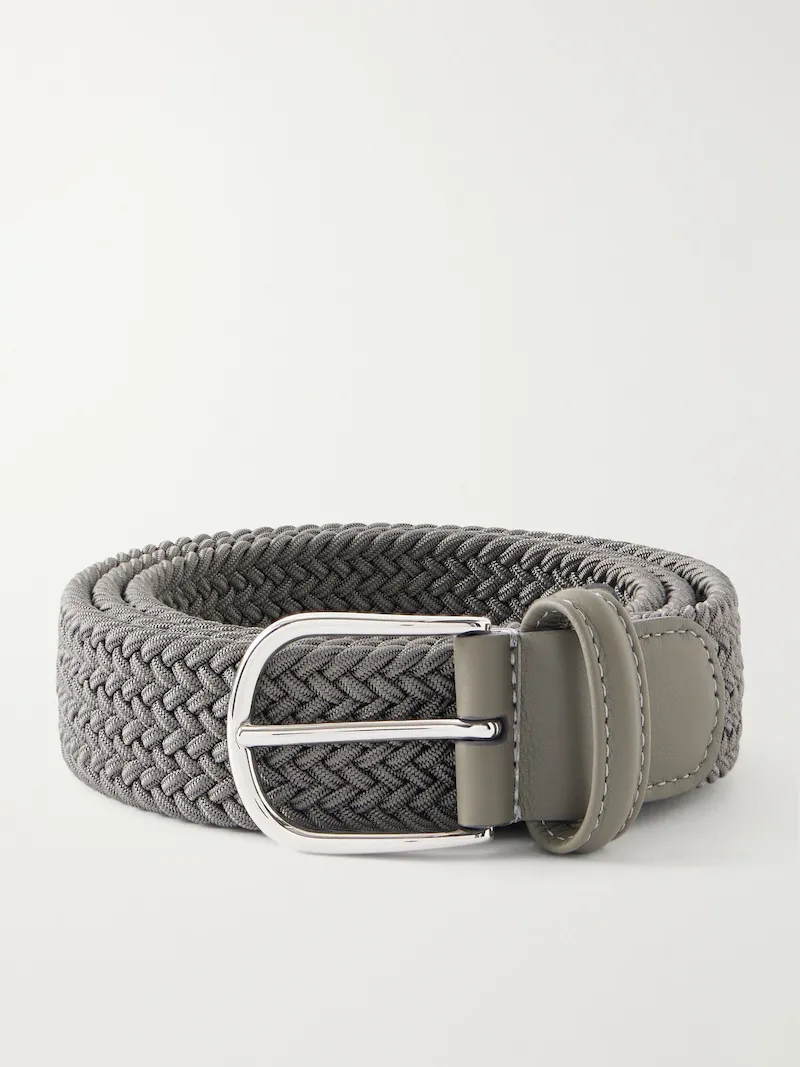 Anderson's - 3.5cm Leather-Trimmed Woven Elastic Belt - Men - Gray