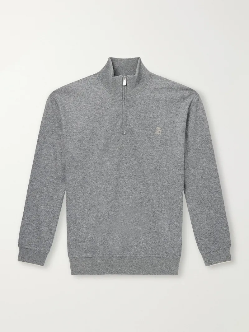 Brunello Cucinelli - Logo-Embroidered Cashmere Half-Zip Sweater - Men - Gray