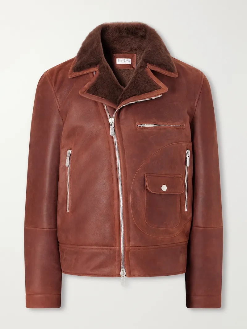 Brunello Cucinelli - Shearling-Trimmed Leather Jacket - Men - Brown