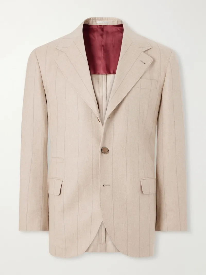 Brunello Cucinelli - Pinstripe Wool, Silk and Cashmere-Blend Flannel Suit Jacket - Men - Brown