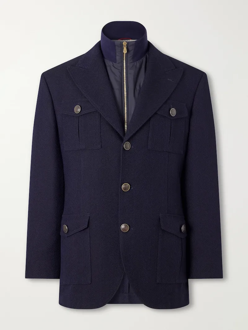Brunello Cucinelli - Herringbone Wool and Cotton-Blend Twill Jacket with Detachable Shell Liner - Men - Blue
