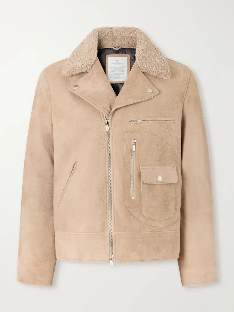 Brunello Cucinelli - Shearling-Trimmed Suede Leather Biker Jacket - Men - Neutrals